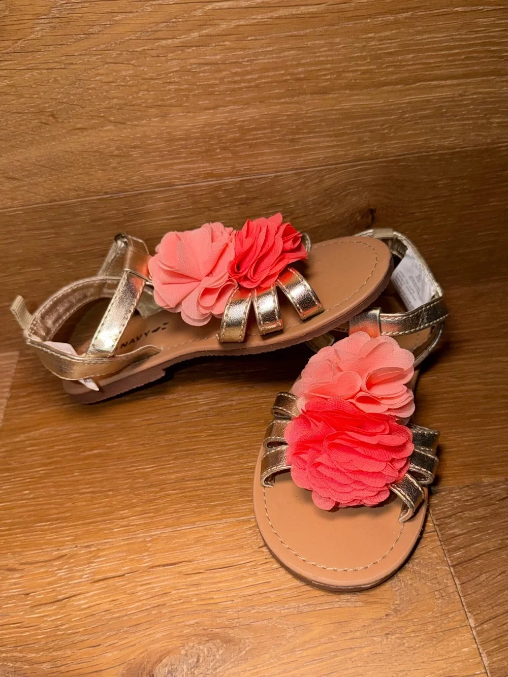 Old Navy Gold Girls Sandals with Coral Flower Accents 10